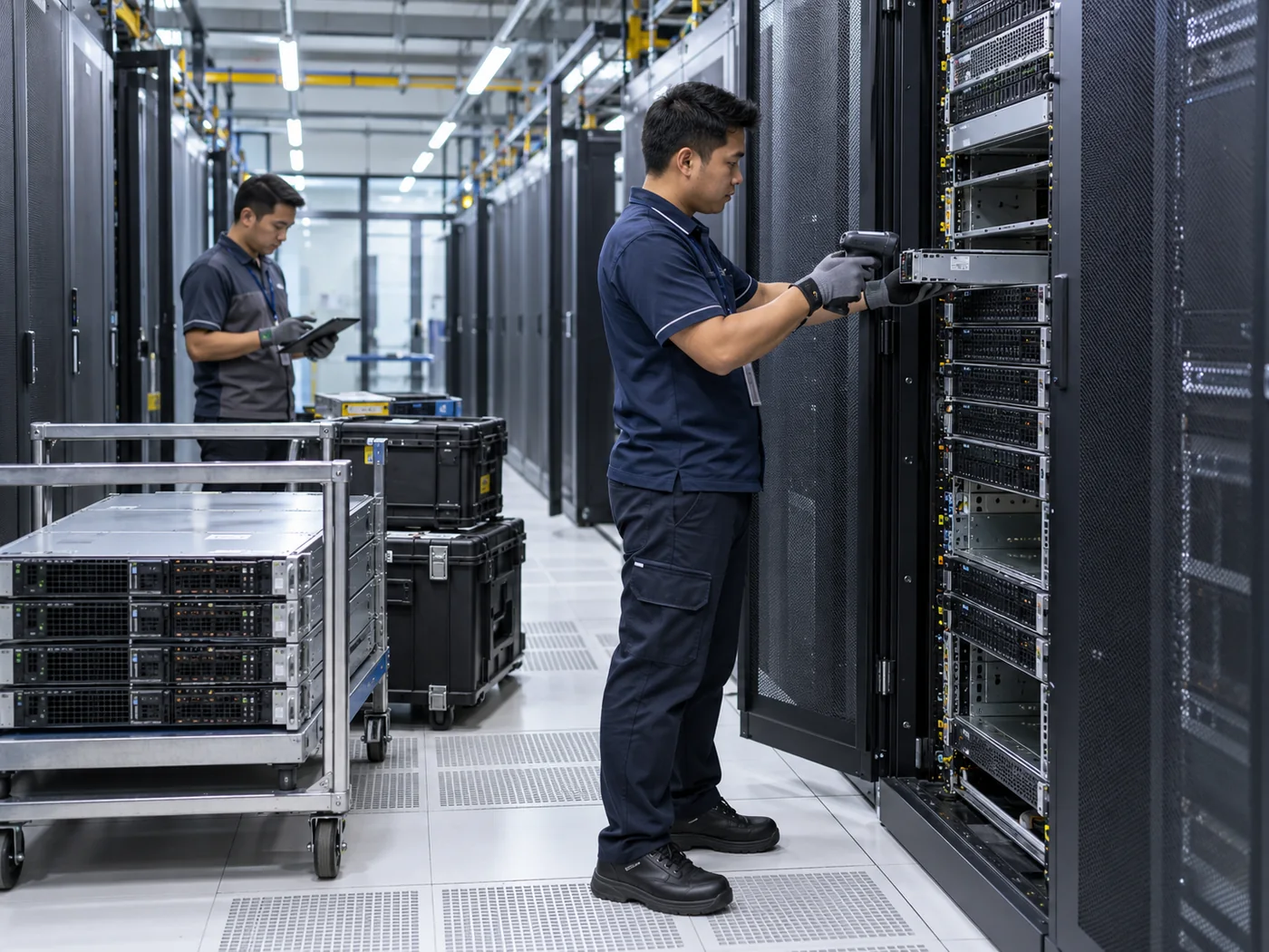 Technicians reconciling and removing enterprise servers during a controlled data centre decommissioning project